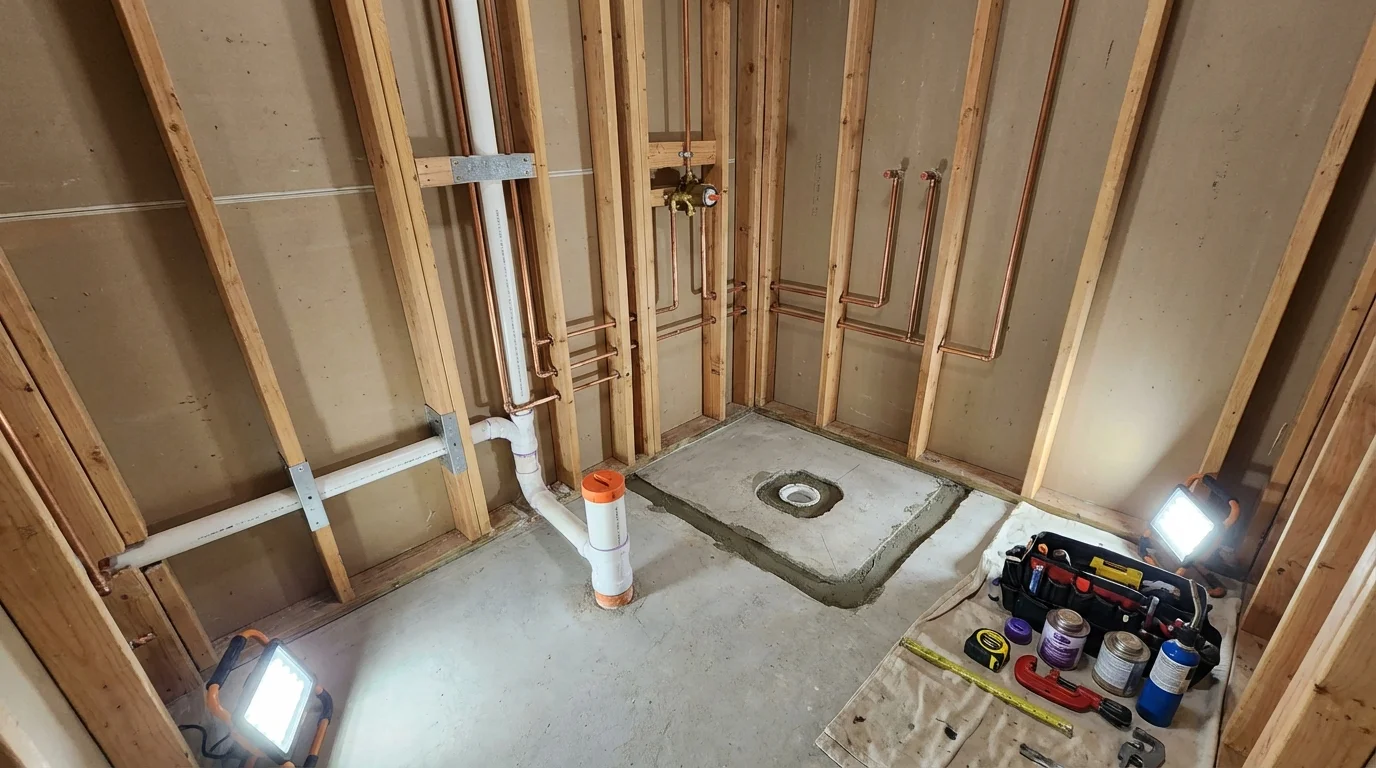 Bathroom rough-in plumbing during remodel by Johns Plumbing LLC in Middleburg
