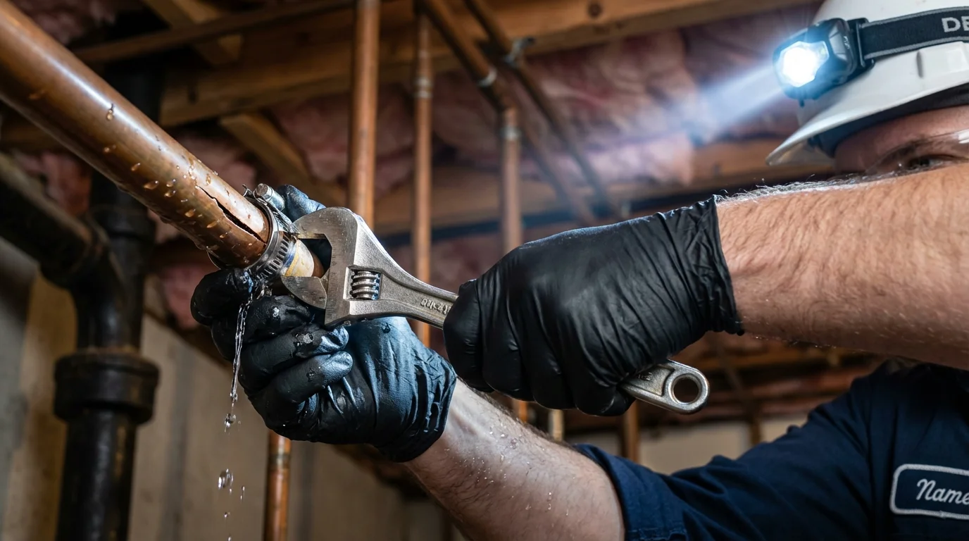 Emergency pipe clamp repair being performed by a Johns Plumbing LLC plumber in Middleburg