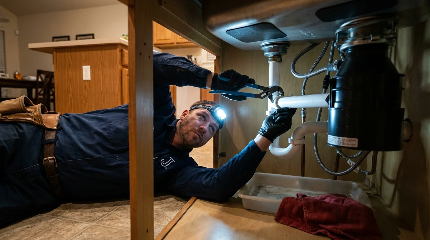 P-trap and supply line connections under a kitchen sink showing a common leak point in Middleburg, PA